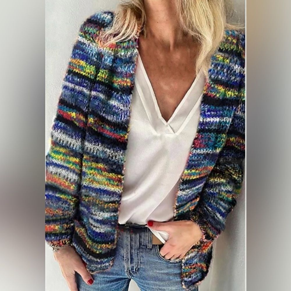 Blue open front knitted cardigan with Multicolored Stripes Pockets, Medium